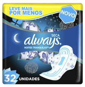 Always - Absorventes Higiênicos Noites Tranquilas Cobertura Seca com Abas 32 Unidades