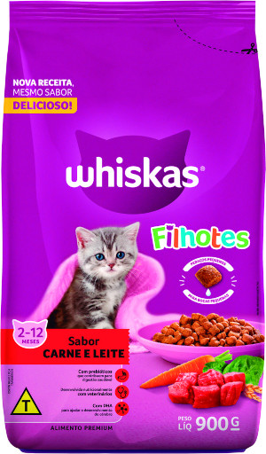 Ração Premium para Gatos Filhotes Sabor Carne e Leite Whiskas 900g