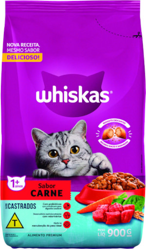 Ração para Gatos Adultos Castrados Sabor Carne Whiskas 900g